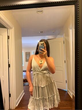 Sleeveless Tiered V-Neck Women's Dress in Sage Green